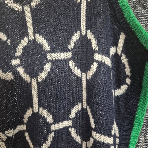 C by Bloomingdales Navy & White Chain Pattern Open Front Cardigan With Green Tri - Picture 2 of 7
